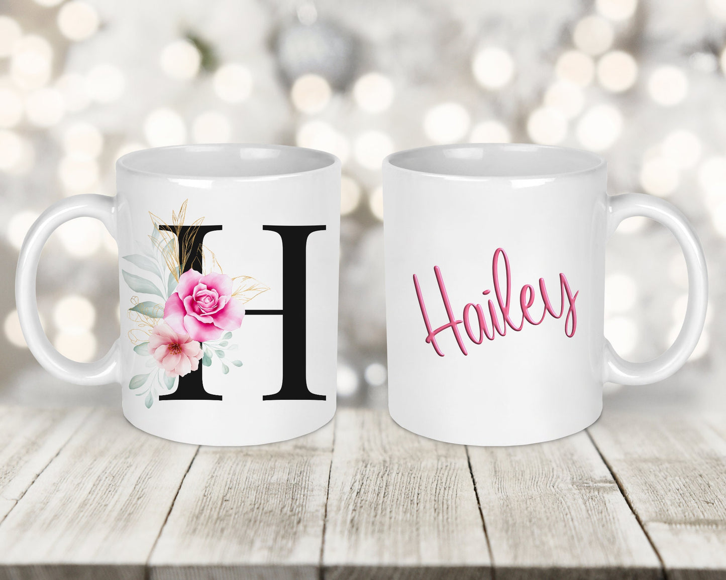 Black Floral Initial Printed Mug