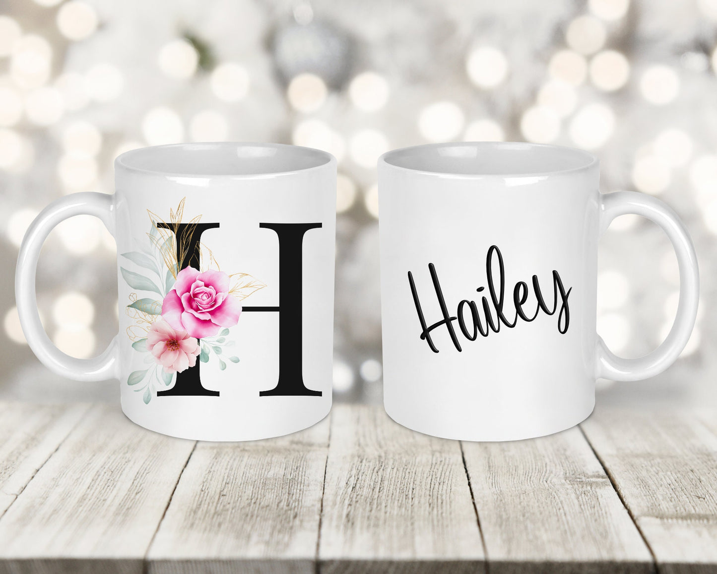 Black Floral Initial Printed Mug