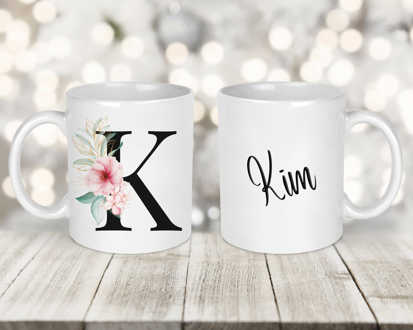 Black Floral Initial Printed Mug