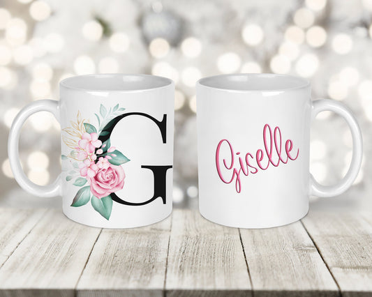 Black Floral Initial Printed Mug