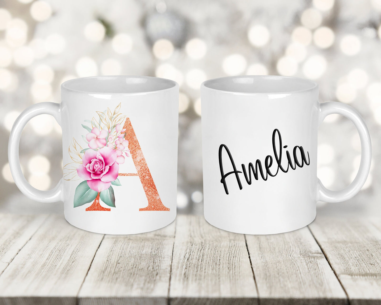 Rose Gold Floral Initial Printed Mug