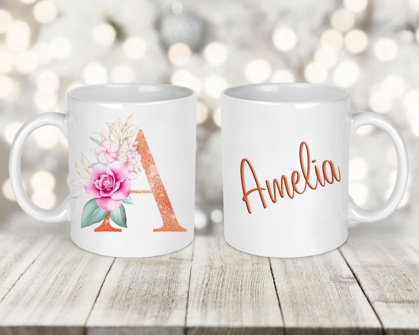 Rose Gold Floral Initial Printed Mug