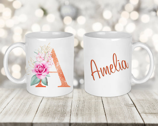 Rose Gold Floral Initial Printed Mug