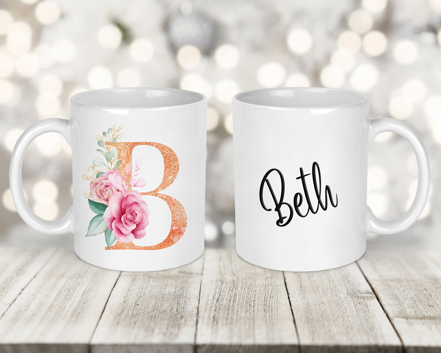 Rose Gold Floral Initial Printed Mug
