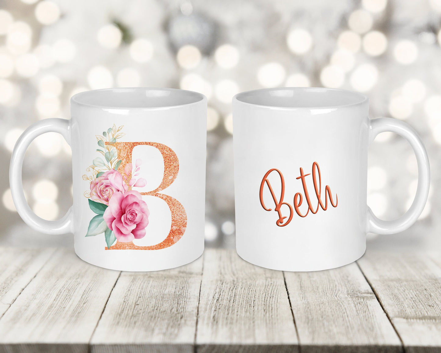 Rose Gold Floral Initial Printed Mug