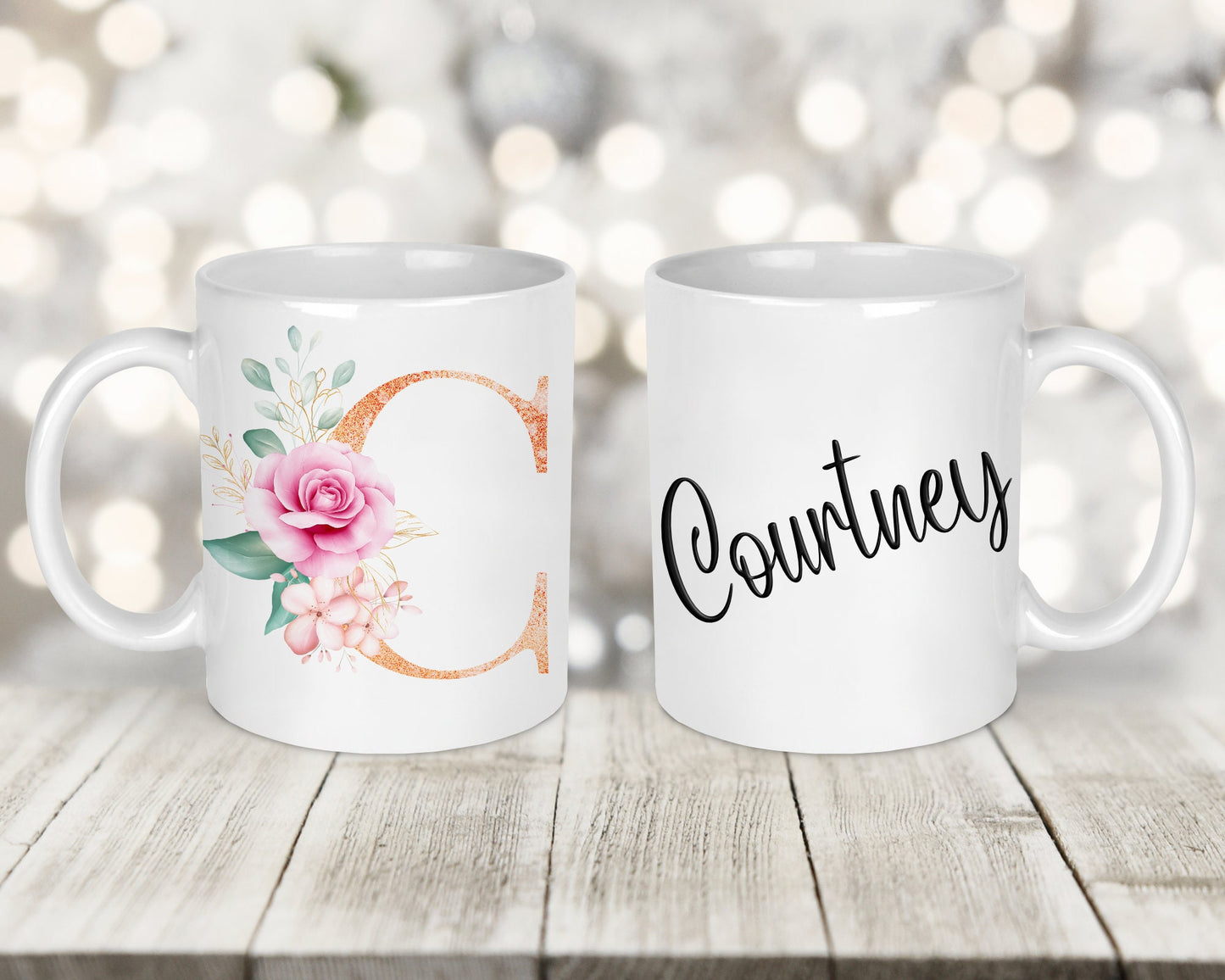 Rose Gold Floral Initial Printed Mug